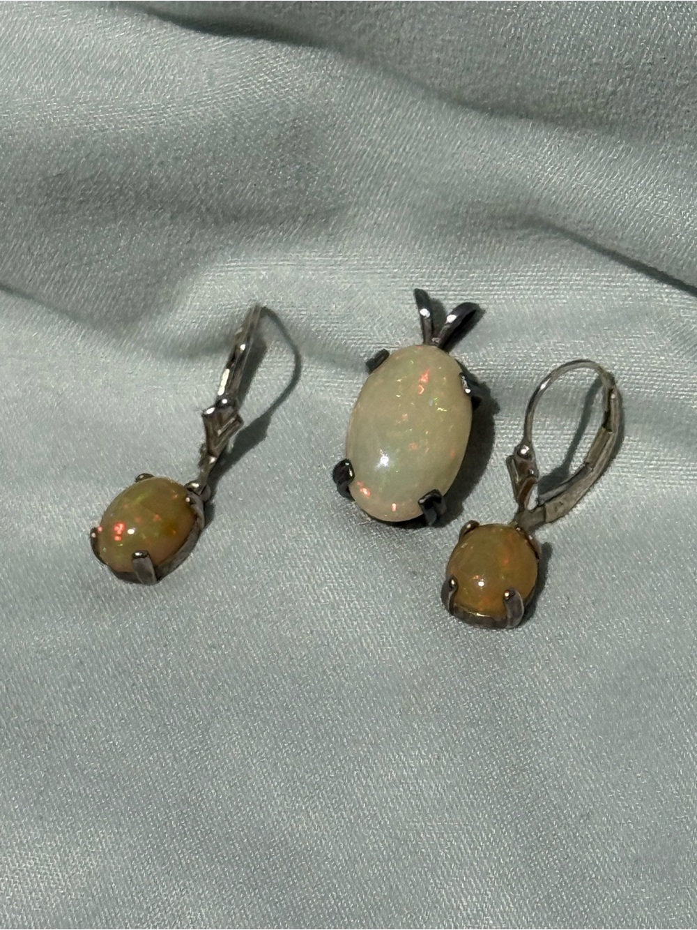 Opal Oval Pendant and Earrings Set - White Opal with Fire Accents